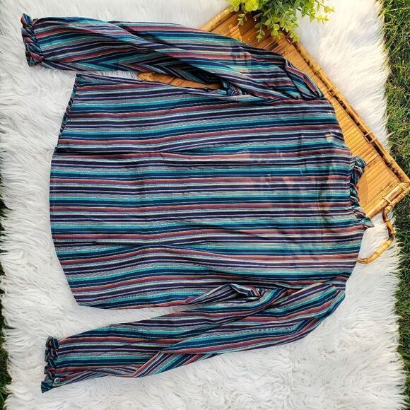 Vtg Ruffle Detail TRY 1 Striped Multicolored Secretary Style Shirt. Sz S Fit - Picture 9 of 12